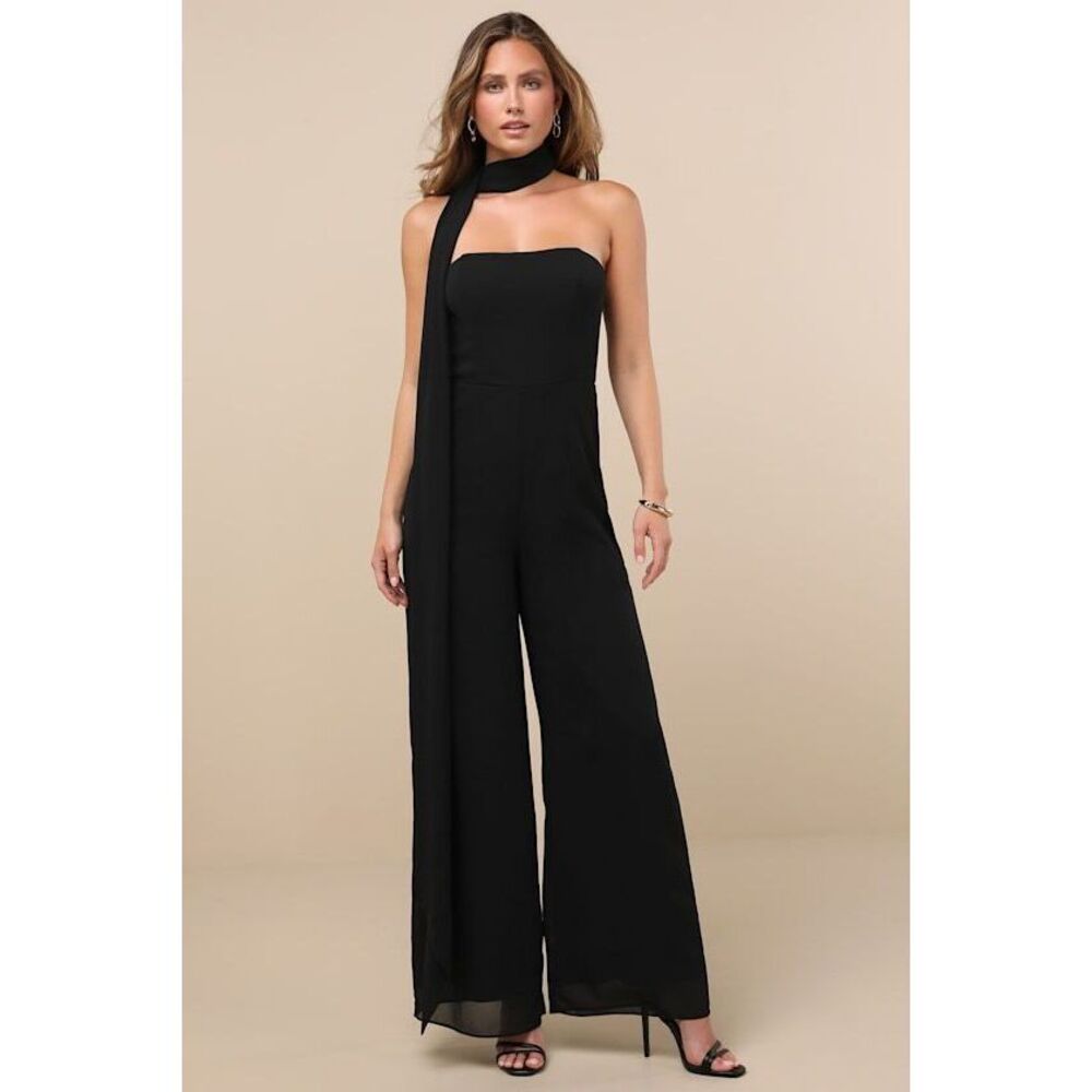 Lulus Kavina Black Wide-leg Jumpsuit And Scarf Set - Size XL